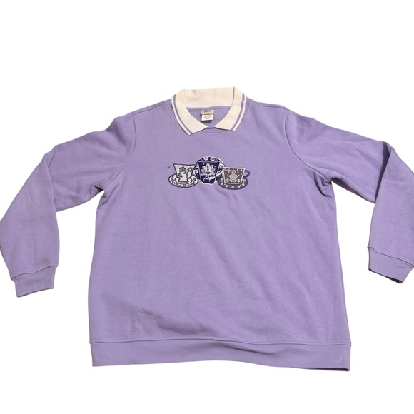 Vintage Grannycore Collared‎ Sweatshirt Pastel Purple Teacup Embroidered Size L - Picture 2 of 8